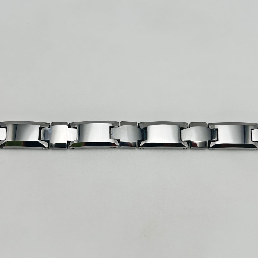 A silver tungsten bracelet with a link chain design.