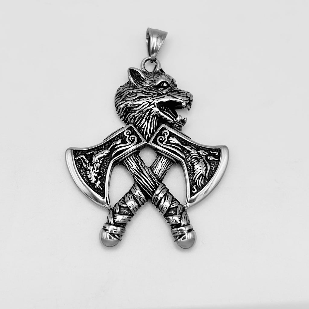 Wolf Head and Crossed Axes Pendant - Stainless Steel - PDS-1161