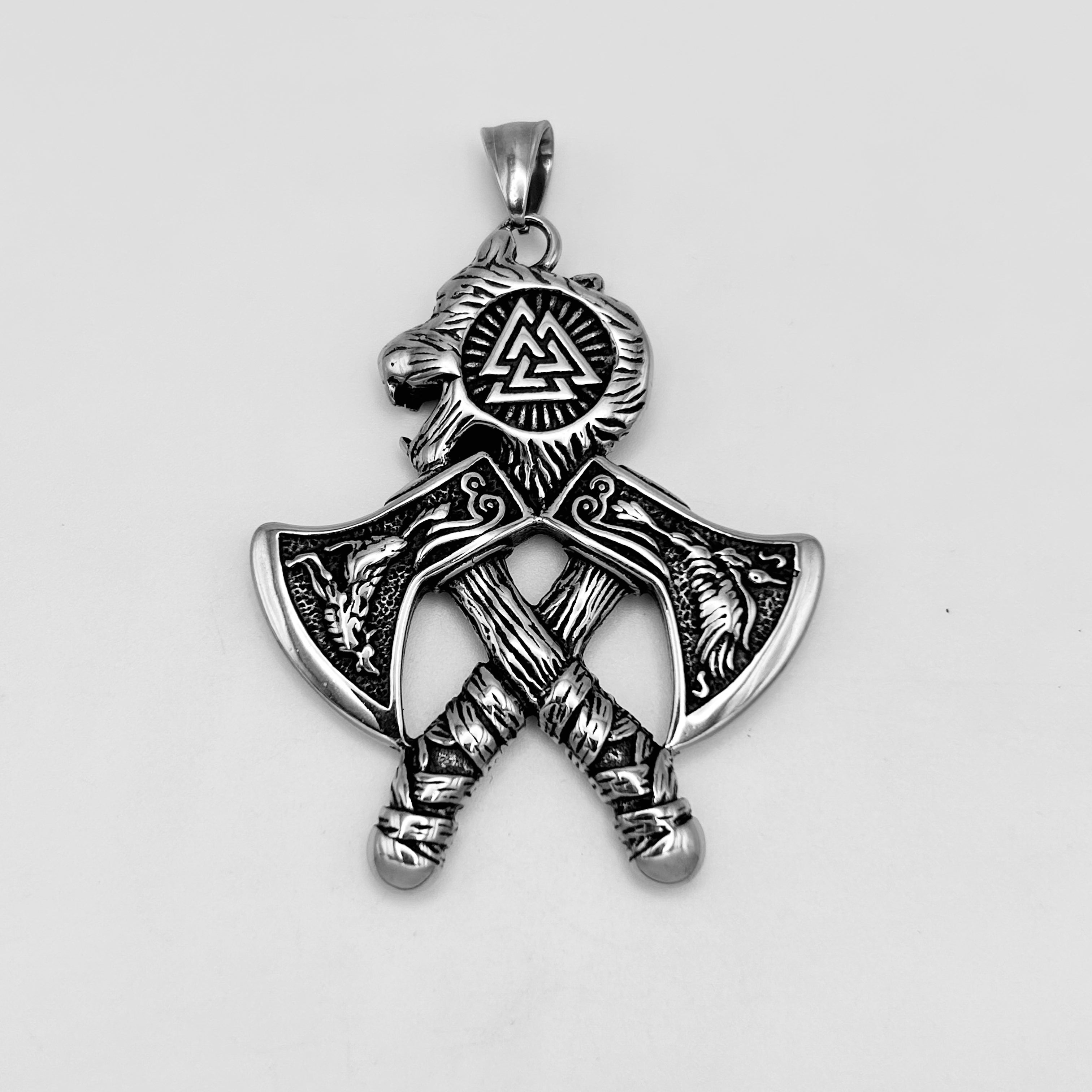 Wolf Head and Crossed Axes Pendant - Stainless Steel - PDS-1161